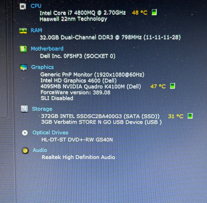 DELL PRECISION M6800 i7-4800MQ QUADRO K4100M 4GB GPU 32GB RAM 400GB SSD READ!
