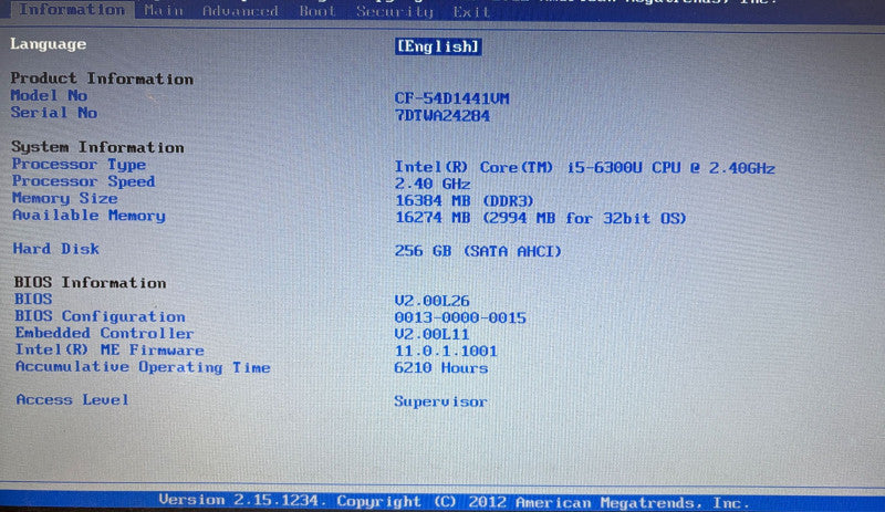 PANASONIC TOUGHBOOK CF-54 Intel i5-6300U@2.4GHz 16GB RAM 256 SSD 6210Hrs READ
