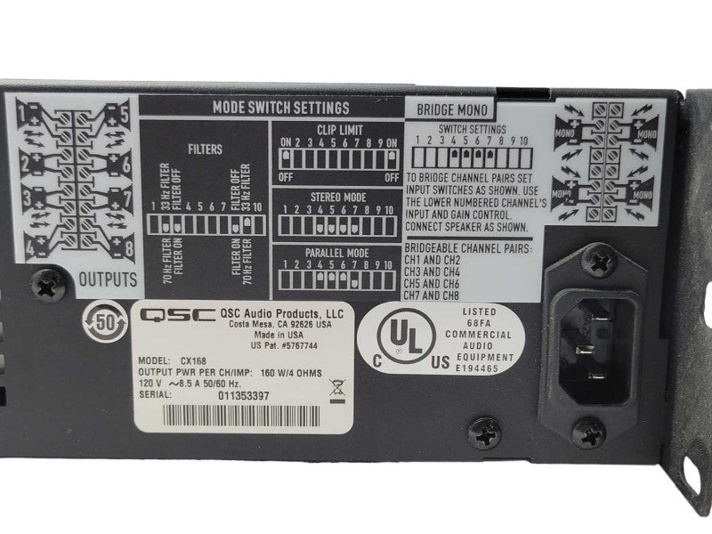QSC CX168 8-Ch Pro Amplifier Rackmount Parts/Repair, READ _