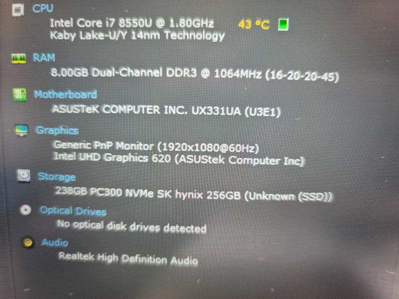 ASUS UX331U i7-8550U| 8GB DDR3| 256GB SSD  Î²