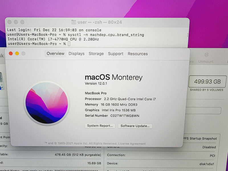 Apple Macbook Pro Retina 2015 15\\" Core i7-4770HQ @ 2.2GHz 16GB DDR3 500GB SSD (
