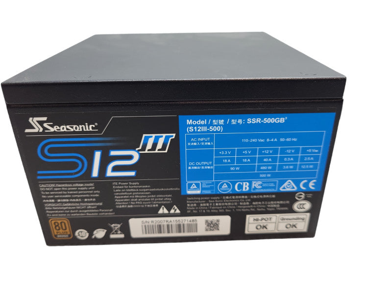 Seasonic S12III 500 SSR-500GB3 500W 80+ Bronze Power Supply, &