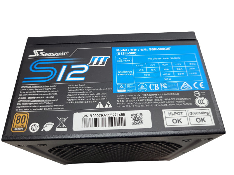 Seasonic S12III 500 SSR-500GB3 500W 80+ Bronze Power Supply, &