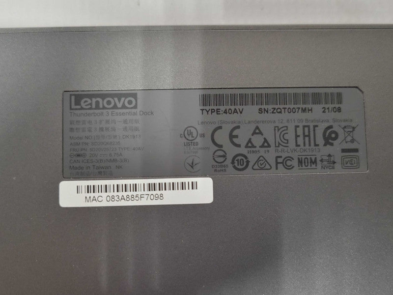 Lenovo ThinkPad Thunderbolt 3 Dock Essential Docking Station 40AV DK1913 _