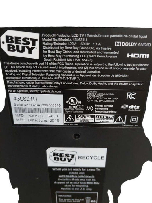 Toshiba 4K 43\\" TV Model: 43L621U (for parts or repair) â