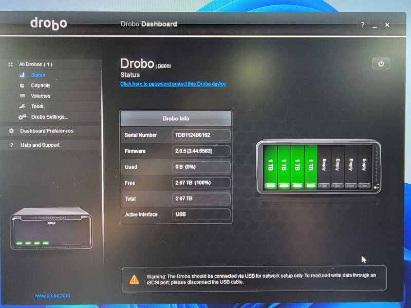 Data Robotics Drobo B800i 8-Bay 2x iSCSI USB type B NAS/DAS 4x 1TB HDDs Q_