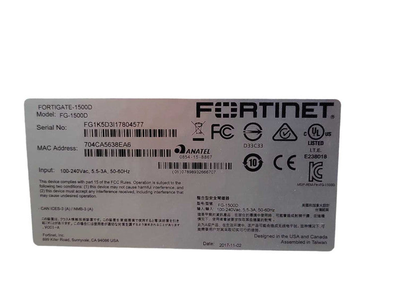 Fortinet Fortigate FG-1500D 1500D Firewall Security Appliance, Factory reset Q_