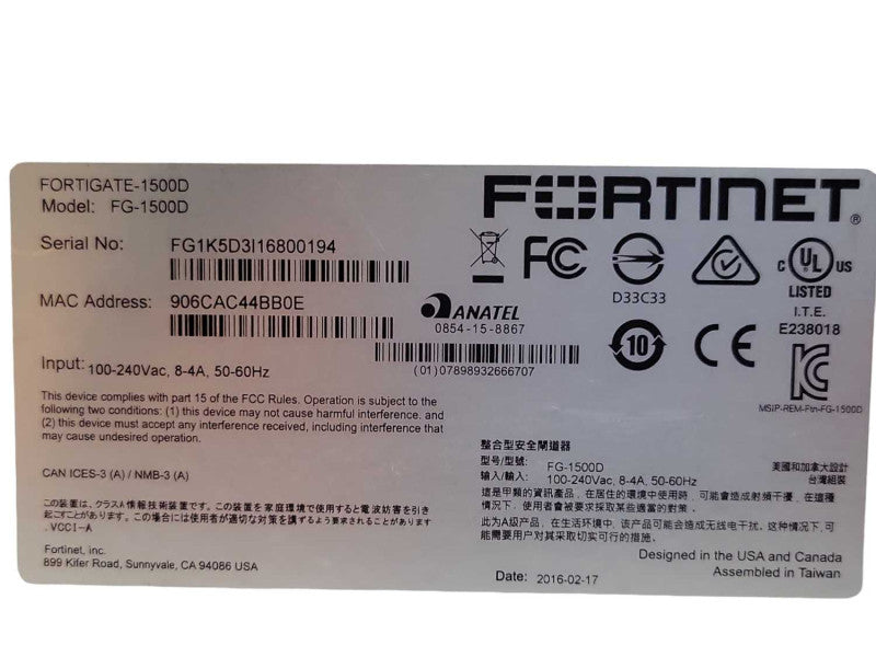 Fortinet Fortigate FG-1500D 1500D Firewall Security Appliance, Factory reset Q_