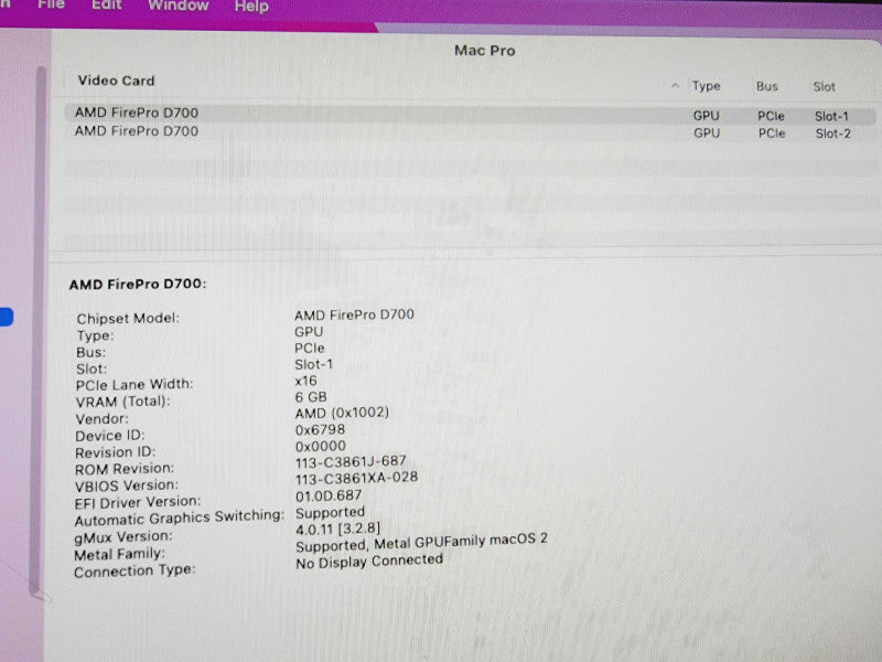 Apple Mac Pro 2013 8-Core Xeon E5-1680 v2 @ 3.0GHz 16GB DDR3 500GB SSD 2x ADM FirePro D700 6GB (