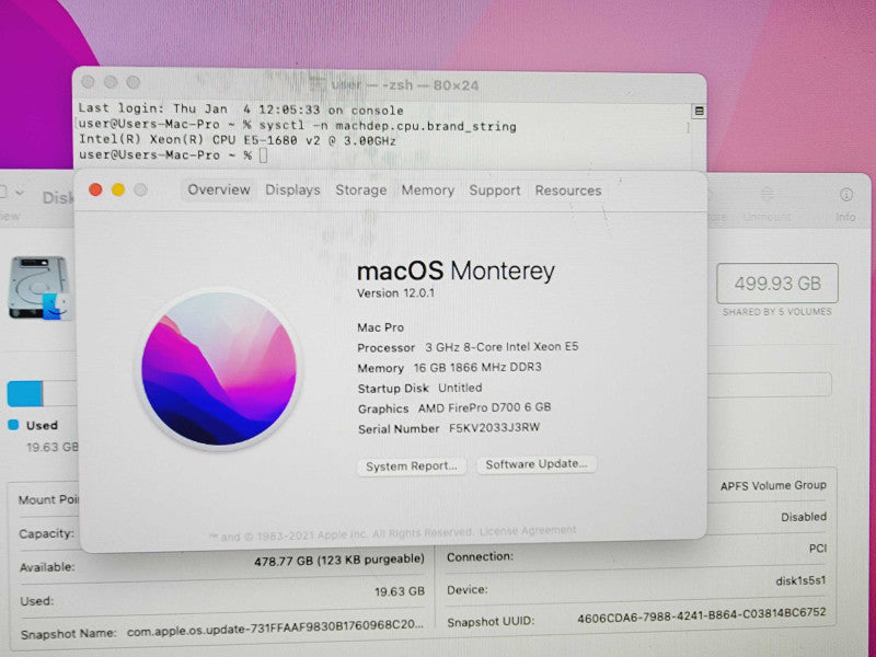 Apple Mac Pro 2013 8-Core Xeon E5-1680 v2 @ 3.0GHz 16GB DDR3 500GB SSD 2x ADM FirePro D700 6GB (