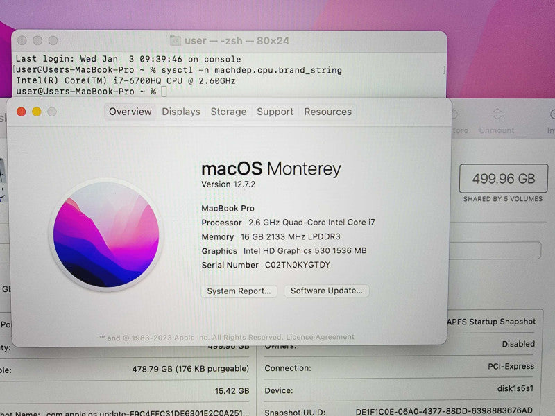Apple Macbook Pro 2016 15\\" Core i7-6700HQ @ 2.6GHz 16GB DDR3 500GB SSD [Read] (