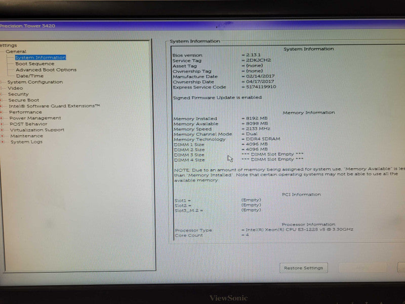 Dell Precision 3420 Tower, Intel Xeon E3 -1225v5 3.3GHz,8GB DDR4 RAM _