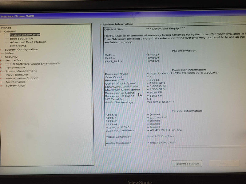 Dell Precision 3420 Tower, Intel Xeon E3 -1225v5 3.3GHz,8GB DDR4 RAM _