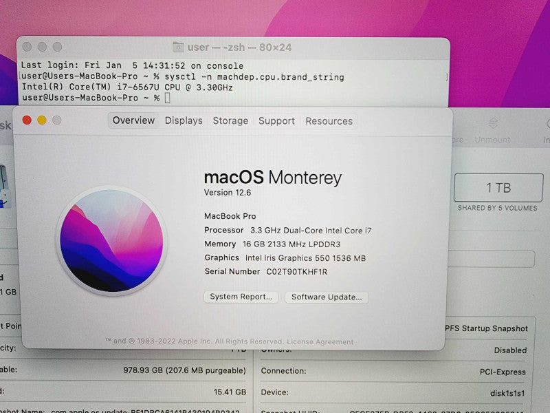 Apple Macbook Pro 2016 13\\" Core i7-6567U @ 3.3GHz 16GB DDR3 1TB SSD  (
