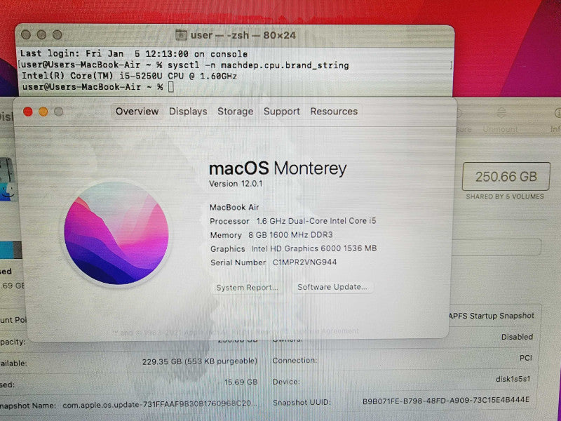 Apple Macbook Air 2015 13\\" Core 5-5250U @ 1.6GHz 8GB DDR3 250GB SSD (