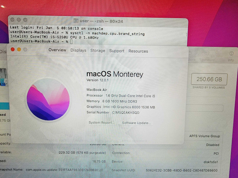 Apple Macbook Air 2015 13\\" Core i5-5250U @ 1.6GHz 8GB DDR3 250GB SSD (