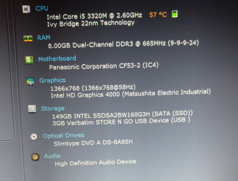 Panasonic ToughBook CF-53 i5-3320M@2.6GHz 8GB RAM 160 GB SSD 54950 Hrs