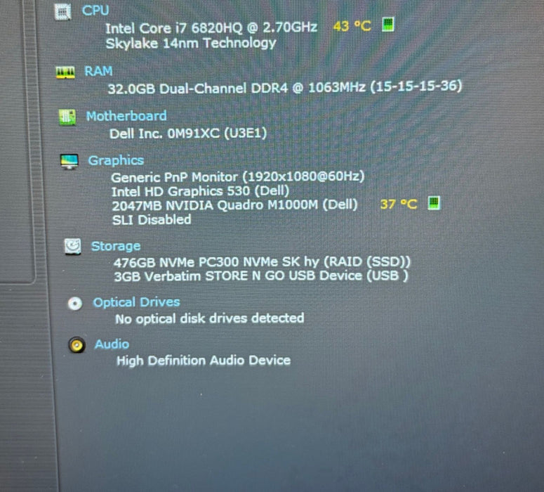 DELL Precision 7510 i7-6820HQ@2.7GHz QUADRO M1000M 2GB GPU 32GB RAM 512GB SSD