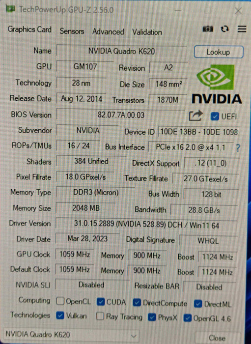 NVIDIA Quadro K620 | 2GB GDDR3 PCI Express 2.0 x16 Graphics Card )