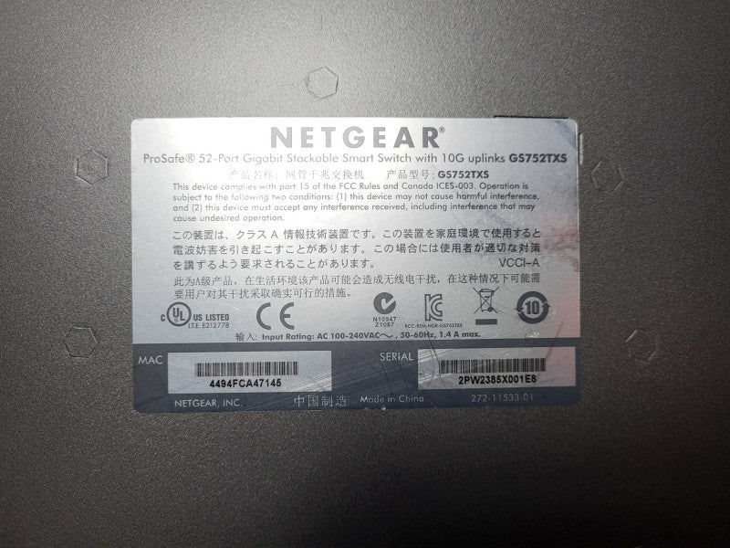 NETGEAR ProSafe GS752TXS 48 x GB RJ45 + 4 x 10GB SFP+ Managed Switch $