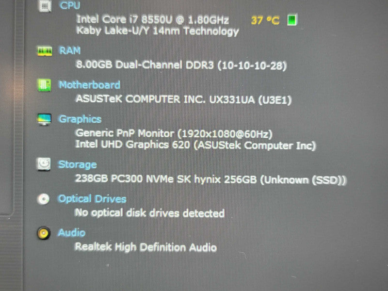 Laptop Asus UX331U| i7-8550U| 8GB DDR3| 256GB SSD| FOR PARTS/REPAIR Î²