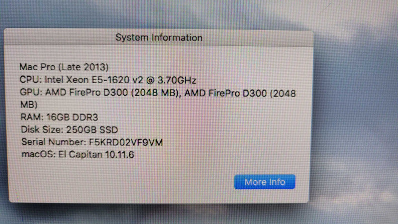 Mac Pro (Late 2013) Xeon E5-1620 v2 | 16GB | 250GB SSD | 2xFirePro D300 2GB %