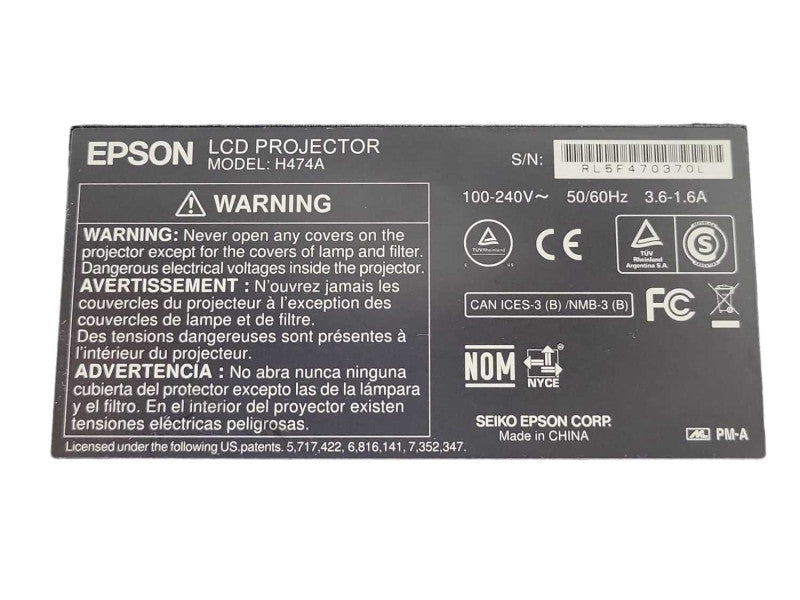 Epson PowerLite 1940W H474A WXGA 3LCD Projector, 500 Lamp Hour, No Remote _