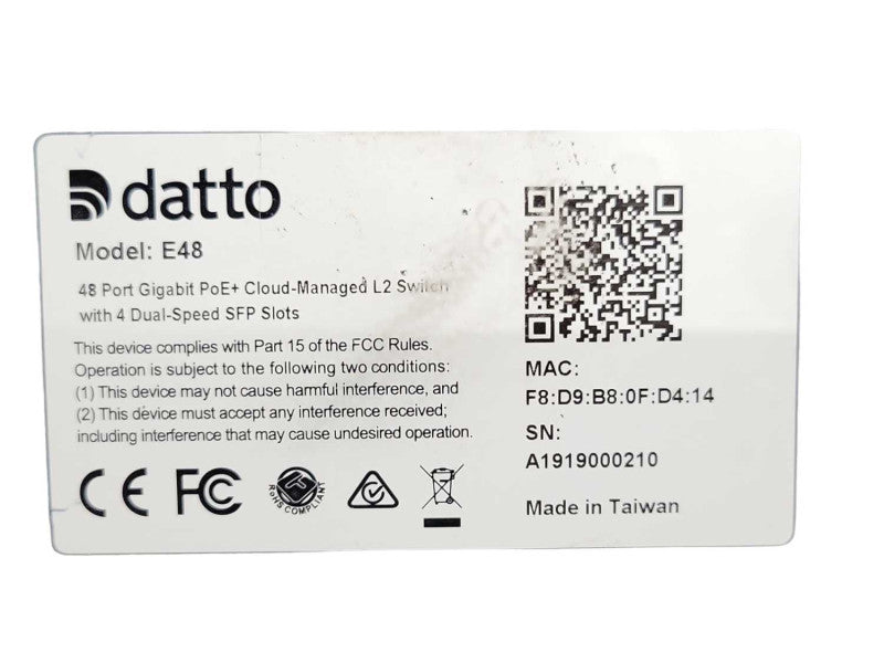 Datto E48 48-Port Gig PoE+ Cloud Managed L2 Switch w/4 Dual-Speed SFP SEE _