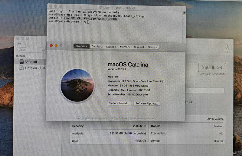 Apple Mac Pro 2013 4-Core Xeon E5-1620 v2 @ 3.70GHz 64GB DDR3 256GB SSD FirePro D300 2GB )