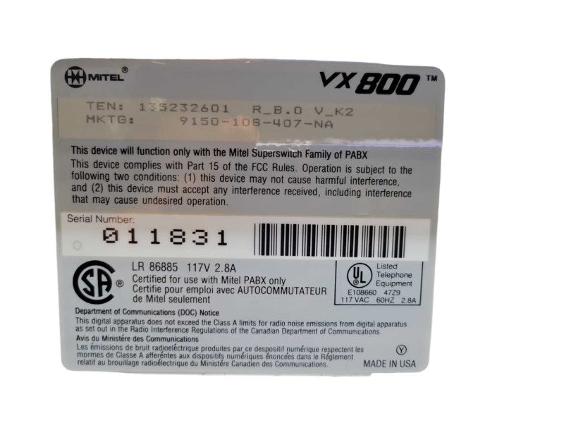 Mitel VX800 Voice Mail System %