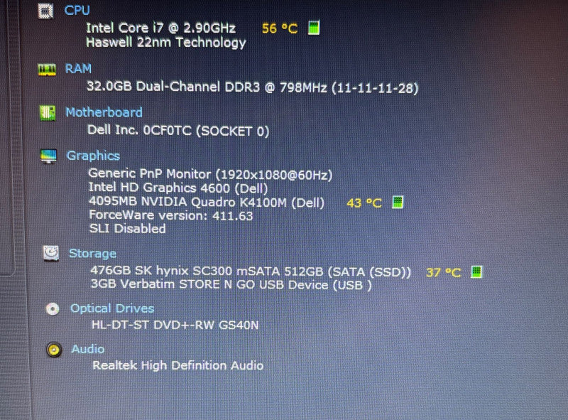 DELL PRECISION M6800 i7-4910MQ@2.9GHz QUADRO K4100M 4GB GPU 32GB RAM 512 SSD