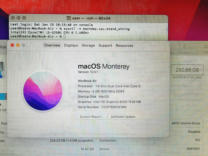 Apple Macbook Air 2015 11\\" Core i5-5250U @ 1.6GHz 4GB DDR3 250GB SSD (