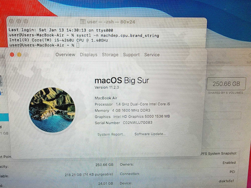 Apple Macbook Air 2014 11\\" Core i5-4260U @ 1.4GHz 4GB DDR3 250GB SSD (