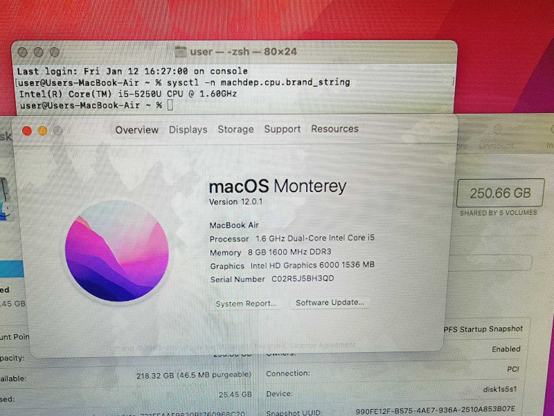 Apple Macbook Air 2015 13\\" Core i5-5250U @ 1.6GHz 8GB DDR3 250GB SSD (
