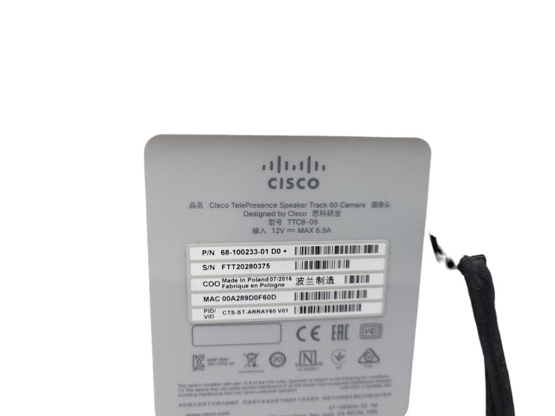 Cisco TelePresence SpeakerTrack 60 with TTC8-09 Dual Camera 68-100233-01 D0+ &