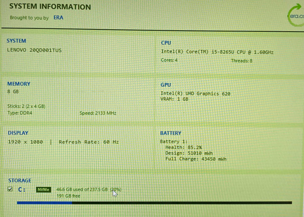Lenovo ThinkPad X1 Carbon Core i5-8265U@1.60GHz 8GB RAM 256GB SSD  Lap200
