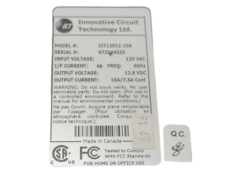 ICT Innovative Circuit Technology ICT12012-10A 13.8VDC 10A Power Supply PSU _