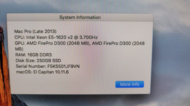 Mac Pro (Late 2013) Xeon E5-1620 v2 | 16GB | 250GB SSD | 2xFirePro D300 2GB % %