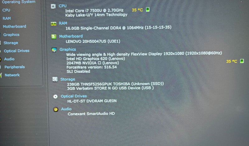 Lenovo ThinkPad E570 i7-7500U@2.7GHz GeForce GTX 950M 2GB GPU 16GB RAM 256SSD