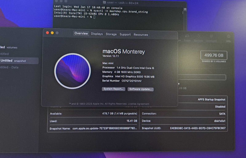 Apple Mac Mini 2014 | Dual Core i5-4260U @ 1.40GHz 4GB DDR3 500GB HDD )