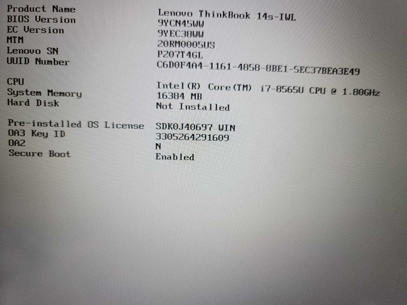 Laptop Lenovo ThinkBook 14s-IWL| i7-8565U| 16GB DDR4| NO HD| PARTS/REPAIR Î²