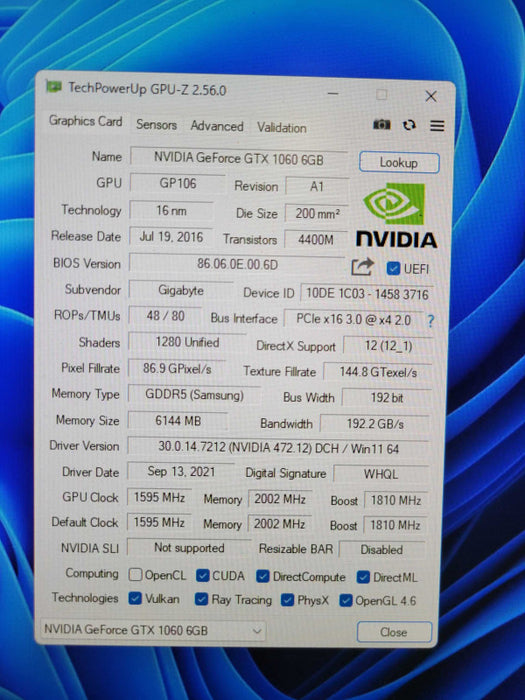 GIGABYTE NVIDIA GTX 1060 6GB PCIE %