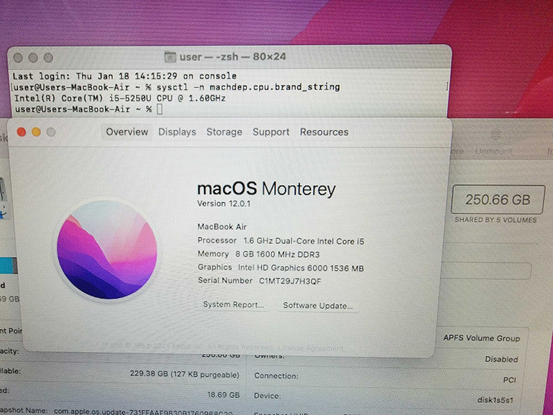 Apple Macbook Air 2015 13" Core i5-5250U @ 1.6GHz 8GB DDR3 250GB SSD (