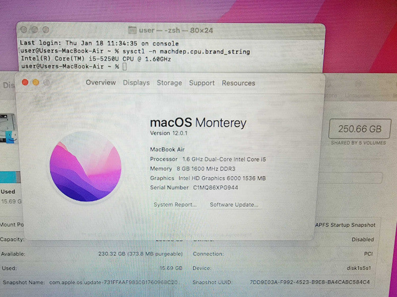 Apple Macbook Air 2015 13\\" Core i5-5250U @ 1.6GHz 8GB DDR3 250GB SSD (