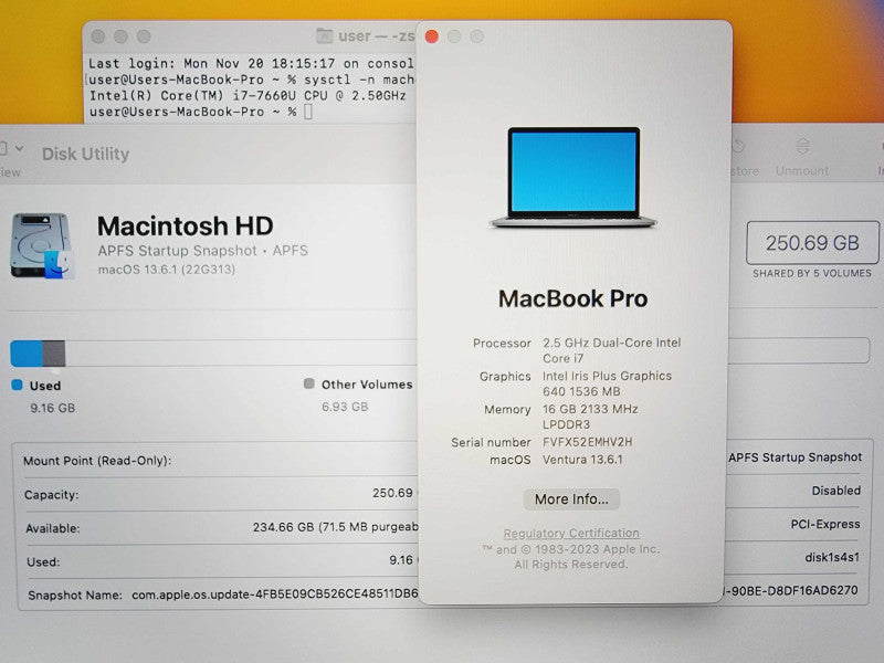 Apple Macbook Pro 2017 13\\" Core i7-7660U @ 2.5GHz 16GB DDR3 250GB SSD (