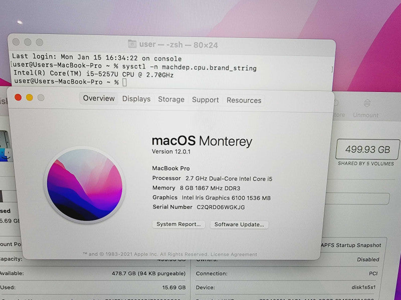 Apple Macbook Pro 2015 13\\" Core i5-5257U @ 2.7GHz 8GB DDR3 500GB SSD [Read] (