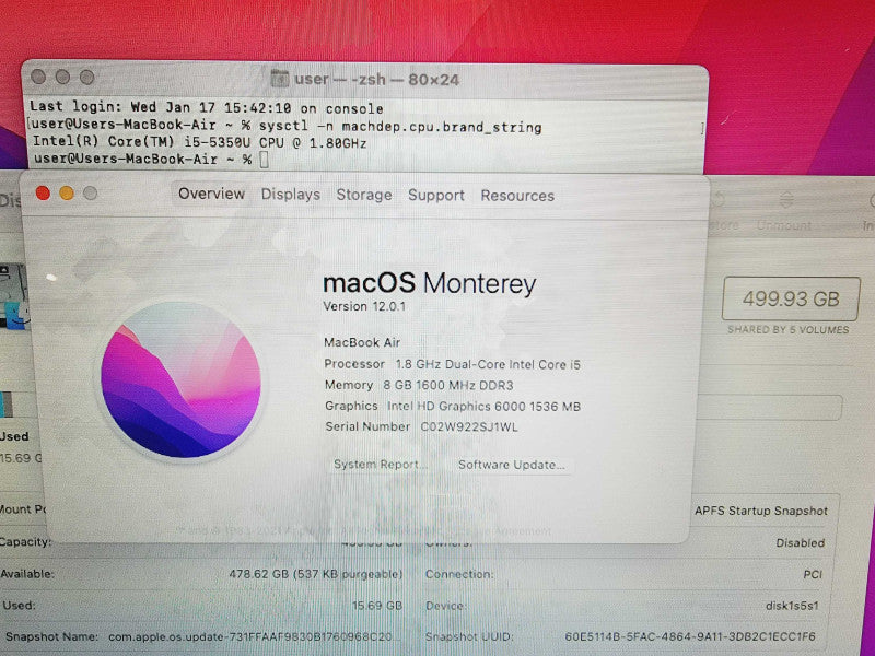 Apple Macbook Air 2017 13\\" Core i5-5350U @ 1.8GHz 8GB DDR3 500GB SSD (