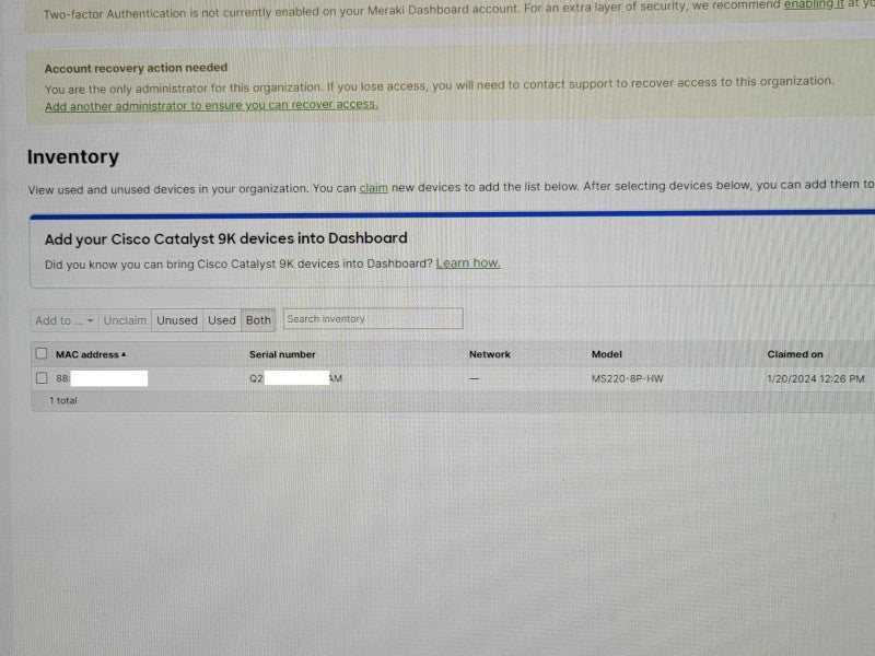 Cisco Meraki MS220-8P-HW Cloud Managed Switch 8-Port Gigabit UNCLAIMED _