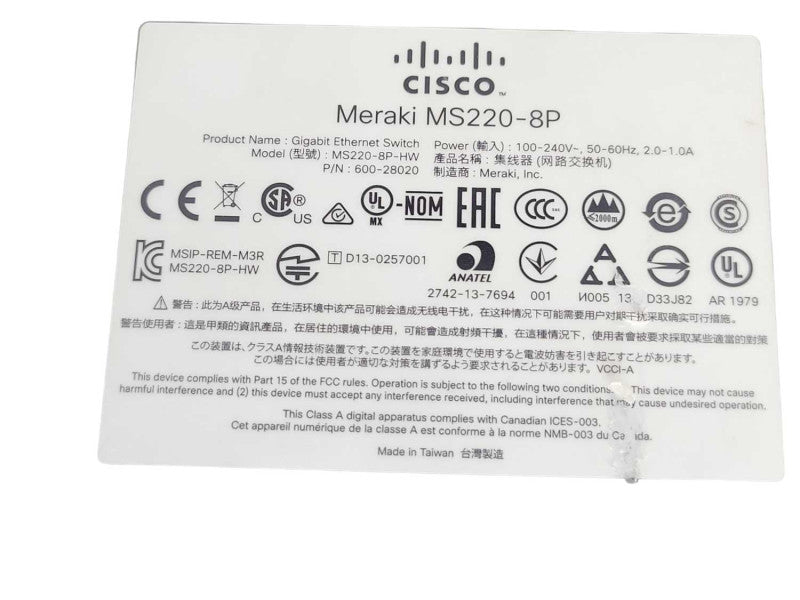 Cisco Meraki MS220-8P-HW Cloud Managed Switch 8-Port Gigabit UNCLAIMED _