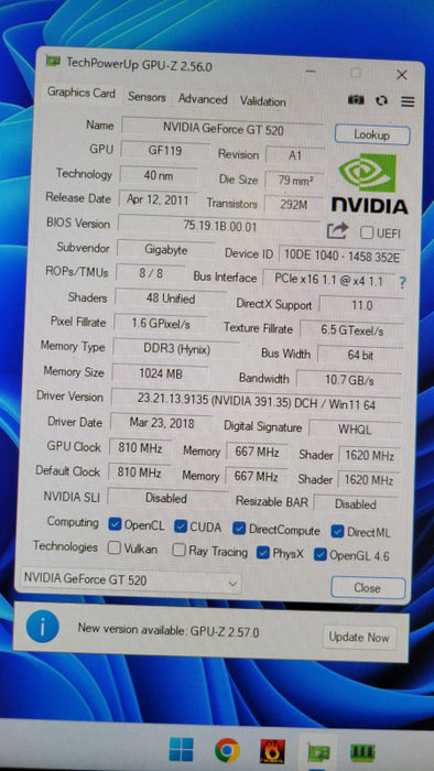GIGABYTE NVIDIA GeForce GT520 1GB PCIE - Low Profile Q%